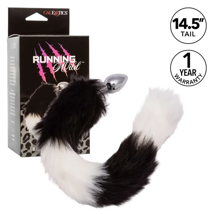 Anal California Exotic Novelties Running Wild Black and White Tail Butt Plug Exotic Metallic Probe with Luxurious Fur Tail